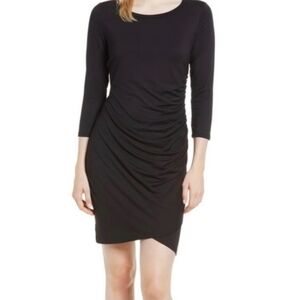 Gibson Black 3/4 Sleeve Ruched Side Jersey Knit Bodycon Dress Women's Size L